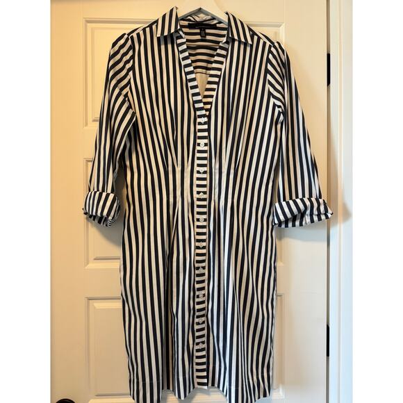 WHBM Long Sleeve Poplin Shirt Dress, French Navy Stripe, Size 8 - Picture 2 of 12